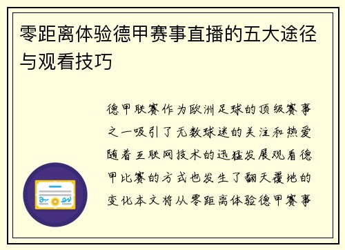 零距离体验德甲赛事直播的五大途径与观看技巧