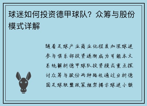 球迷如何投资德甲球队？众筹与股份模式详解